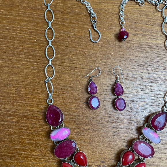 NEW Gorgeous Raw Ruby, Coral, & Quartz Sterling Silver Necklace/Ruby Earrings - Picture 6 of 10